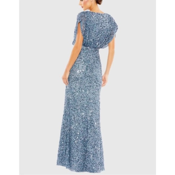 Mac Duggal Blue Draped Sleeve V-Neck Gown Slate Blue 5640 Size 10 NWT Sequins - Picture 3 of 3